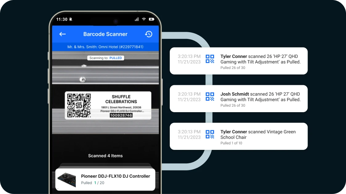 Goodshuffle Pro mobile app showing inventory activity log with timestamps and user information.