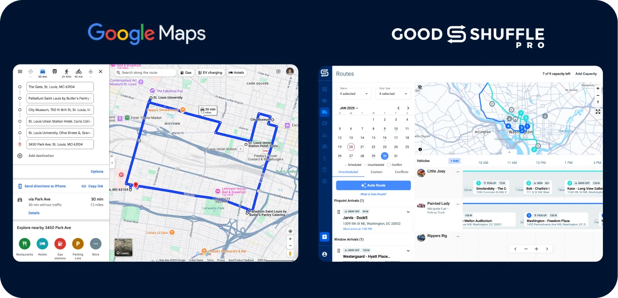 Side-by-side comparison of a manually planned route versus an AI-optimized route showing significant improvement