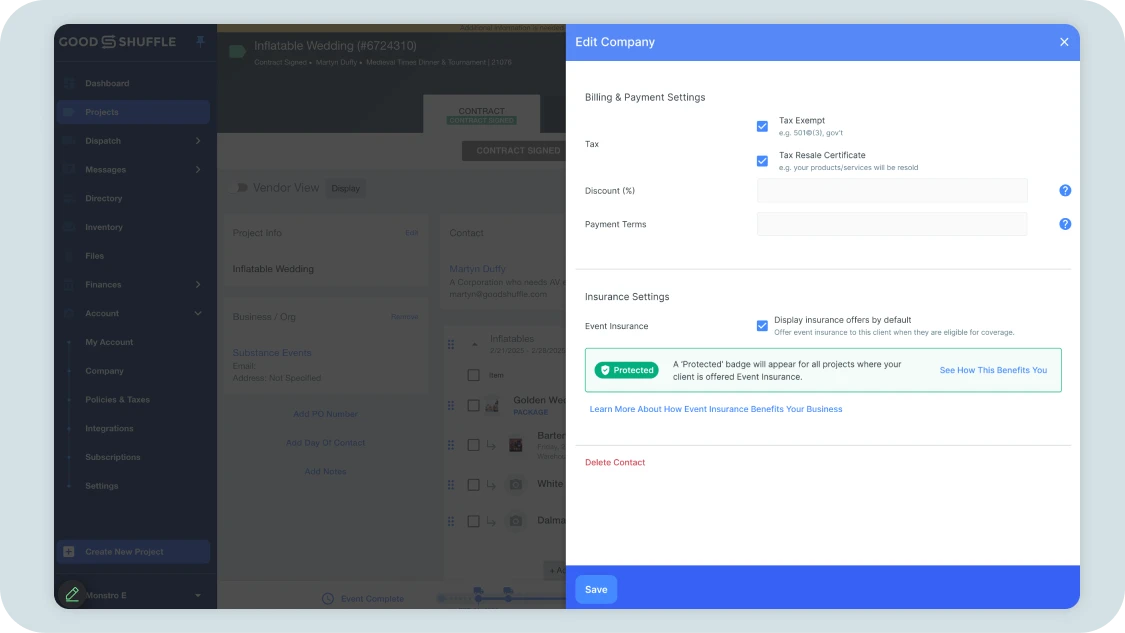 Insurance eligibility toggle for individual projects
