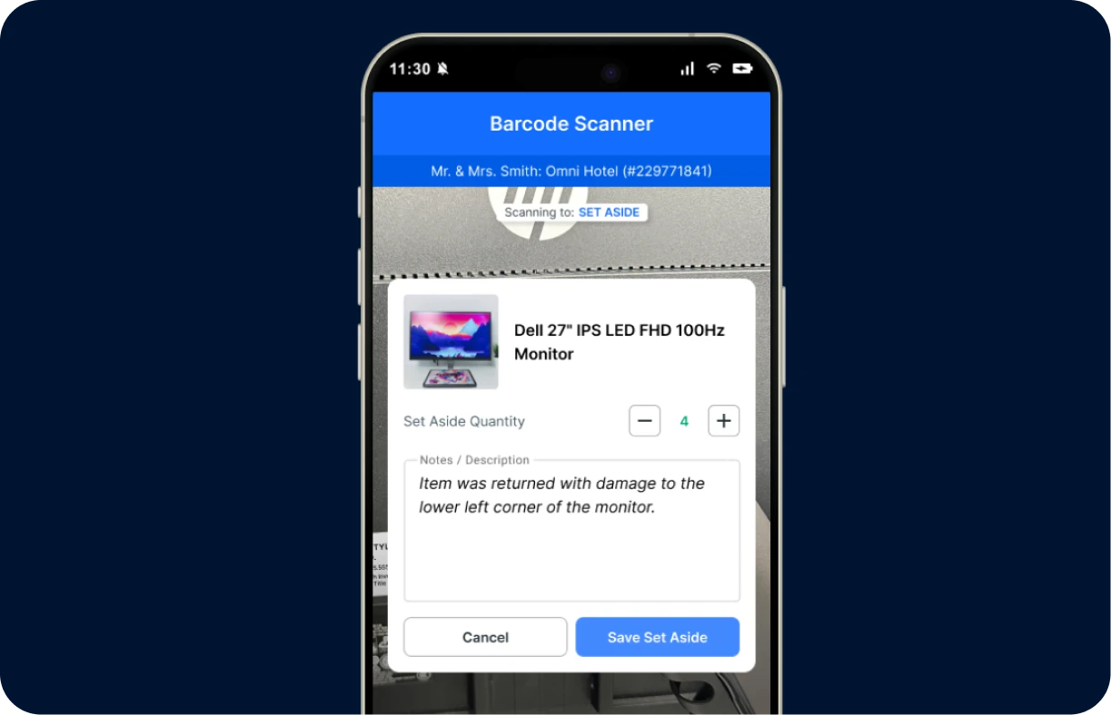 Event professional documenting item as set aside during Barcoding check-in flow