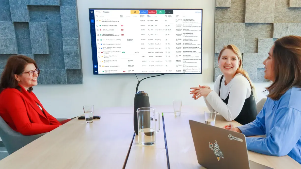 Event rental sales team collaborating during their weekly sales ritual meeting with Goodshuffle Pro dashboard displayed.