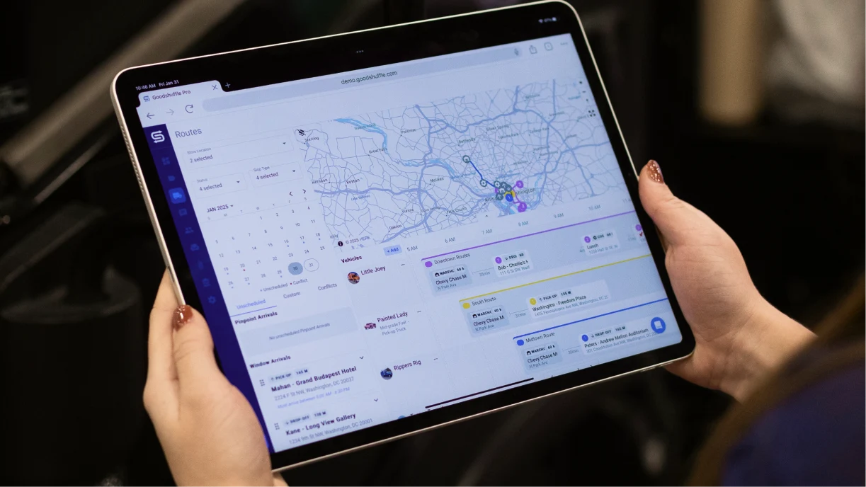 Goodshuffle Pro Dispatch dashboard showing drag-and-drop delivery planning interface with routes and vehicle assignments.