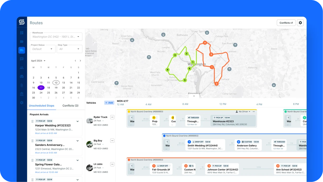 Map view of event delivery routes optimized using Goodshuffle Pro’s Dispatch feature, with color-coded paths for different vehicles.