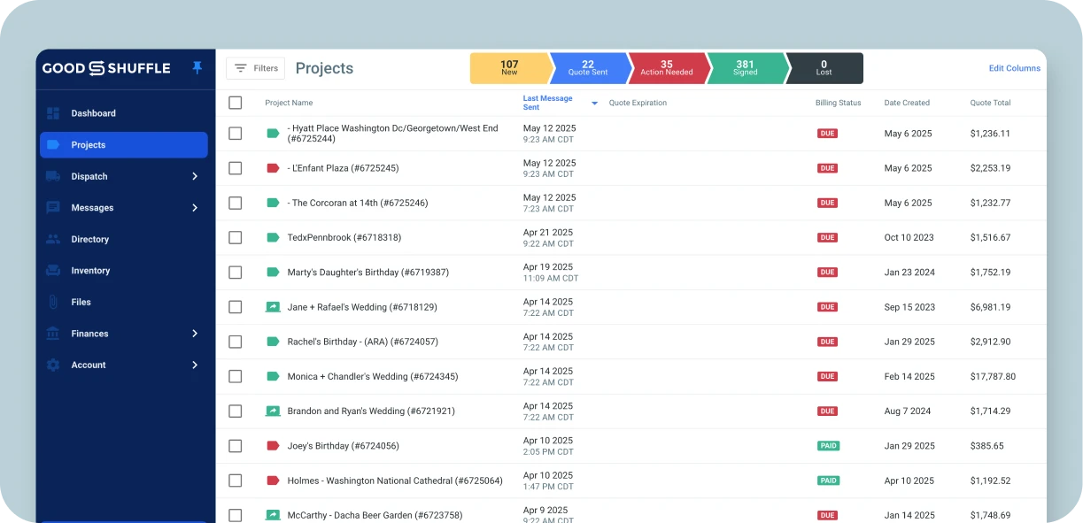 Goodshuffle Pro Projects page configured with effective sales pipeline headers including last message sent/opened, quote expiration, and project total.