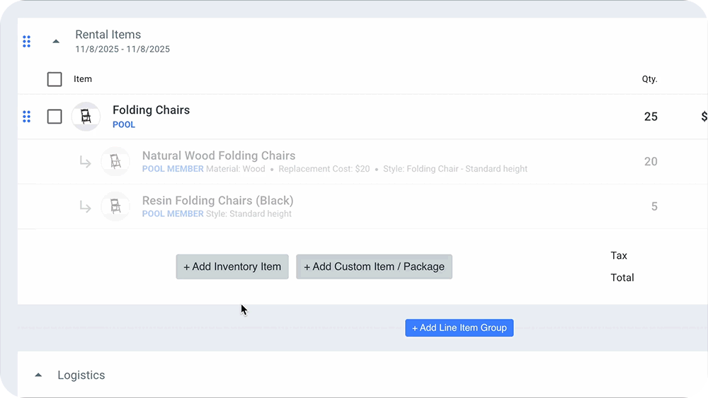 Goodshuffle Pro project interface showing the side panel with a 'Create Inventory Item' button highlighted, allowing users to add new inventory without leaving the project view