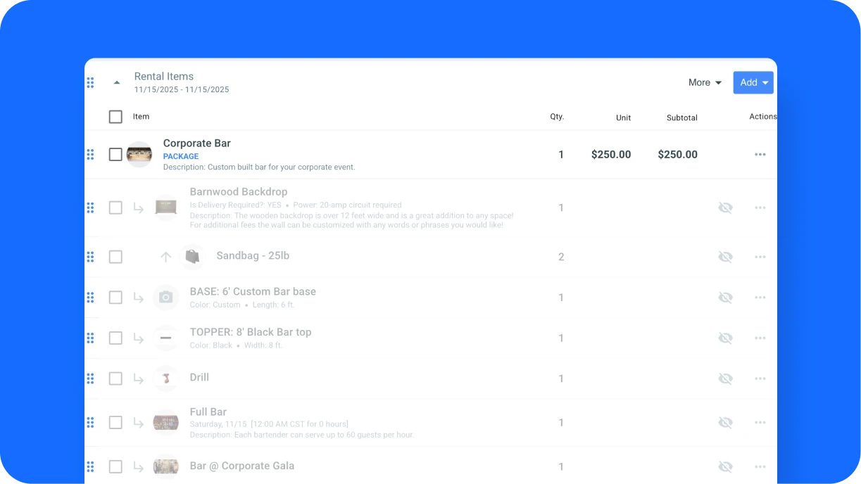 Modular bar package components organized for event rental including frame, front panel, and top