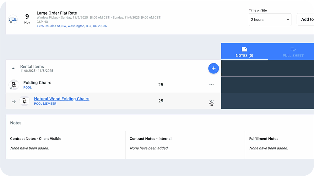 Fulfillment view screen showing package swap controls with quantity adjustment options and real-time usage statistics updating automatically