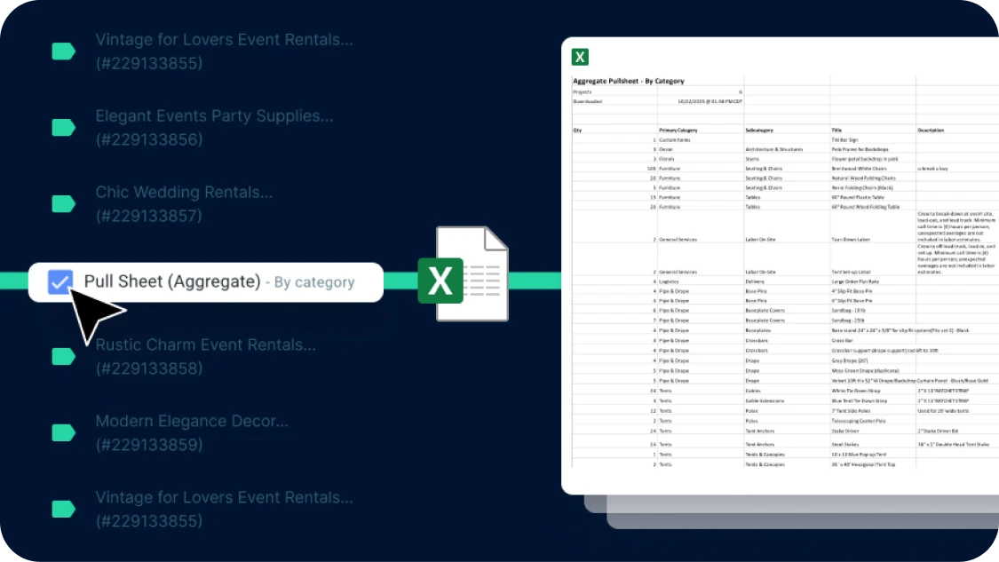 Export aggregate pull sheets in Excel format for flexible inventory organization