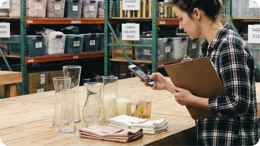 Event planner reviewing custom tabletop decor arrangements in warehouse, showing systematic inventory organization for boutique event business