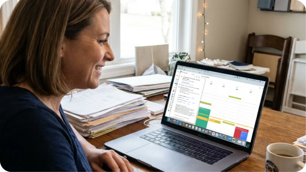 Event rental business owner reviewing automated customer communication workflow on laptop with calendar appointments scheduled