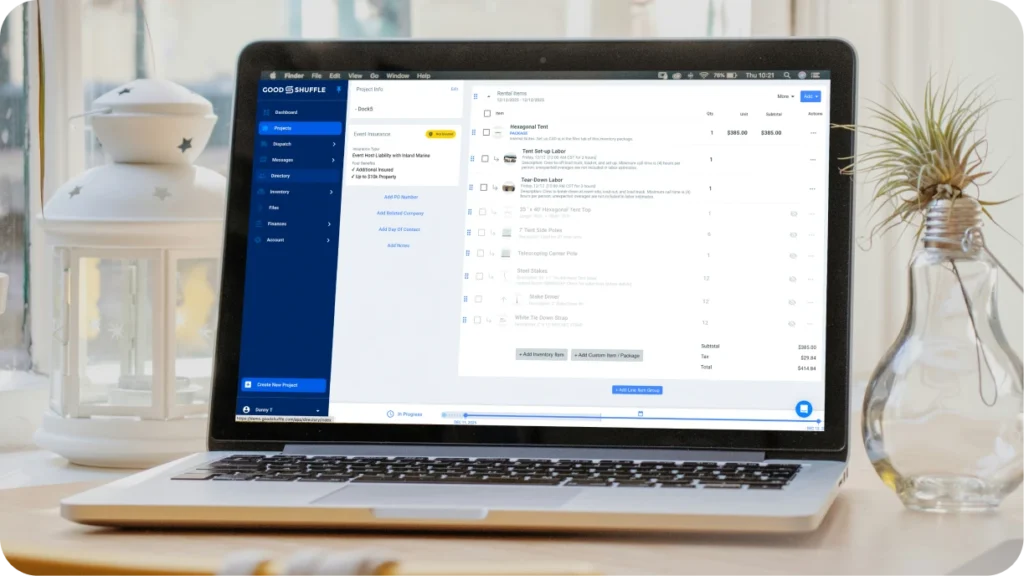 Tent rental inventory management system displaying tent components including canopy, poles, frame, and sidewalls organized as packages