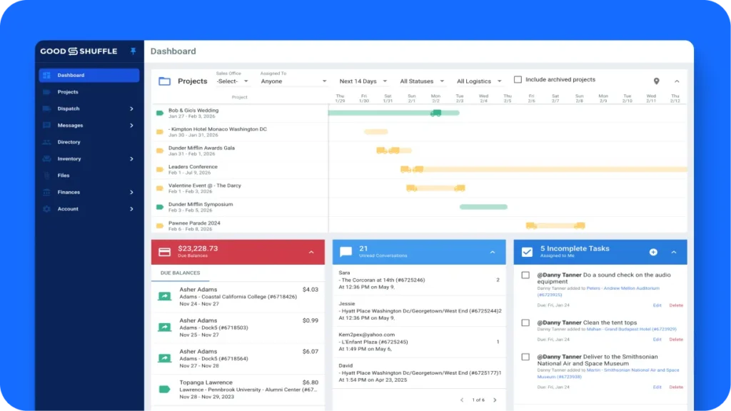 Goodshuffle Pro dashboard showing project management, client communication, and inventory tracking in one unified view