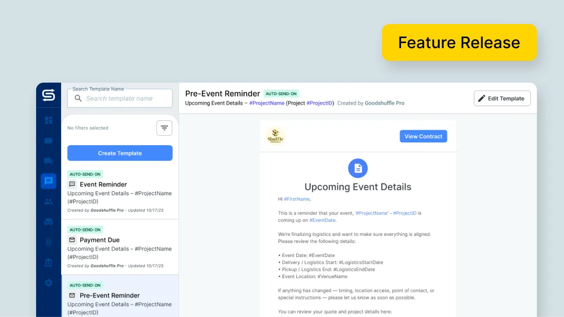 Event rental business owner reviewing automated email schedule in Goodshuffle Pro with project list visible in the background