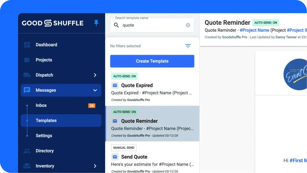 Event rental business owner reviewing an open quote with a follow-up email draft open